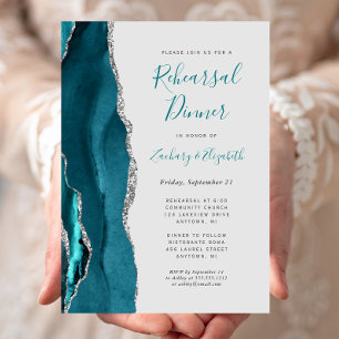 Invitation Dîner de répétition de mariage Teal Silver Agate G