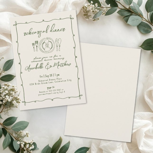 Invitation Dîner de répétition de mariage vert dessiné à la m (Hand Drawn Green Wedding Rehearsal Dinner Invitation)