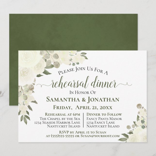 Invitation Dîner de répétition de Mariages floraux aux roses  (Devant / Derrière)