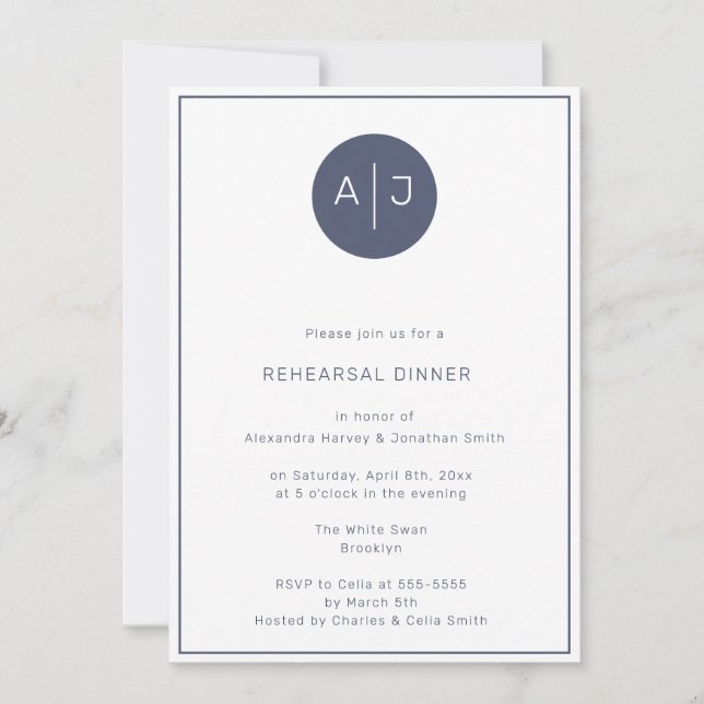 Invitation Dîner de répétition de monogramme bleu de la Marin (Devant)