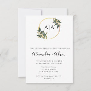 Invitation Dîner de répétition de monogramme Gold Greenery In