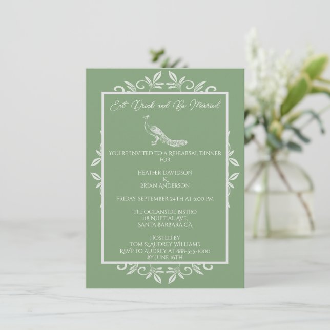 Invitation Dîner de répétition de Moss Green Peacock (Debout devant)