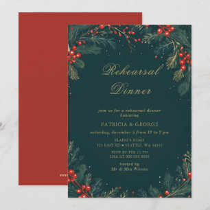 Invitation Dîner de répétition de Noël floral vert or