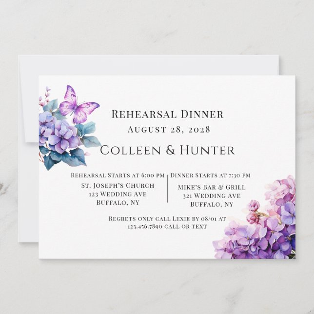 Invitation Dîner de répétition de papillon Floral de Violet H (Devant)