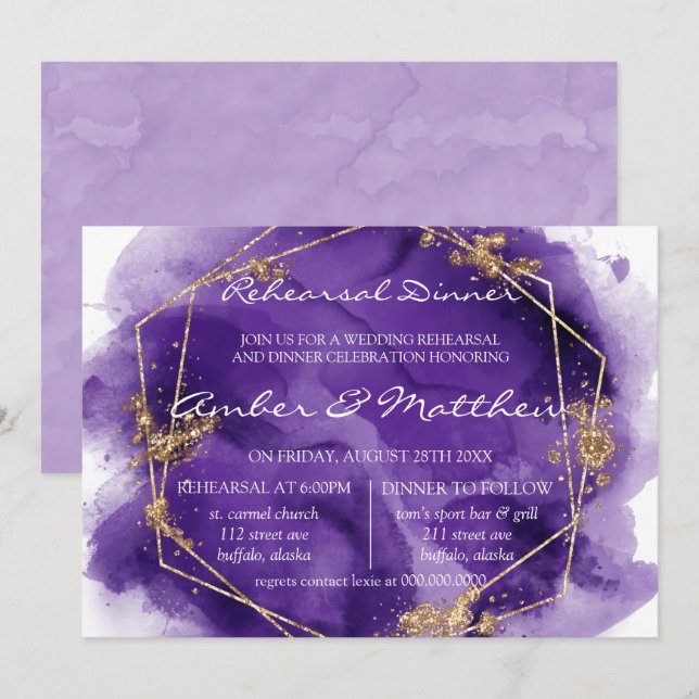 Invitation Dîner de répétition de peinture or violet Lavender (Devant / Derrière)
