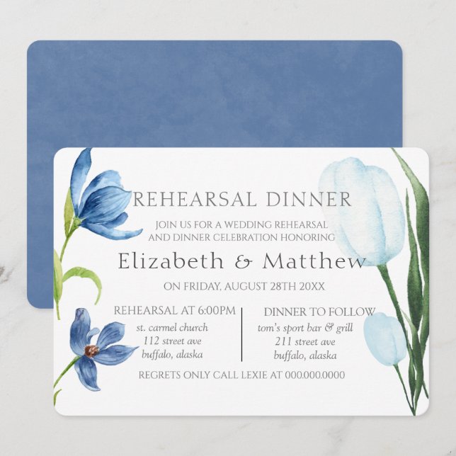 Invitation Dîner de répétition de pivoine bleu Dusty (Devant / Derrière)