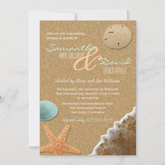 Invitation Dîner de répétition de plage de sable et de coquil (Devant)