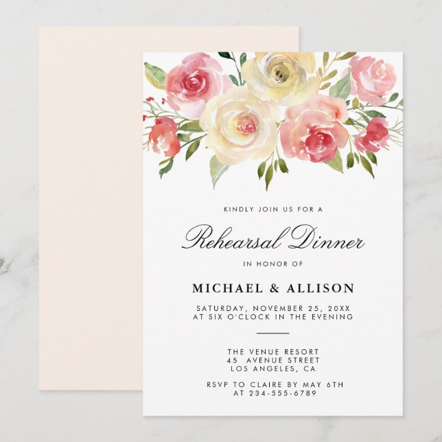 Invitation Dîner de répétition de printemps d'aquarelle (Devant / Derrière)