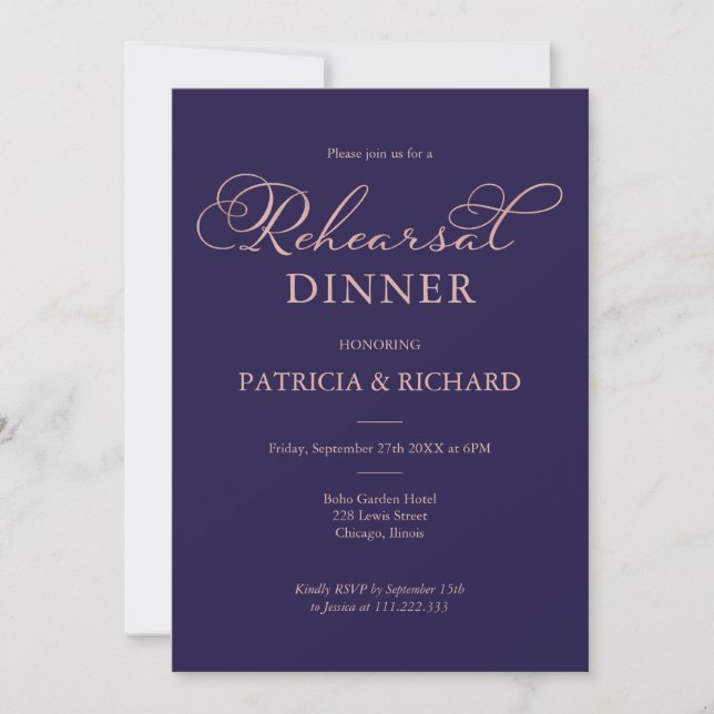 Invitation Dîner de répétition de Rose bleu marine (Devant)