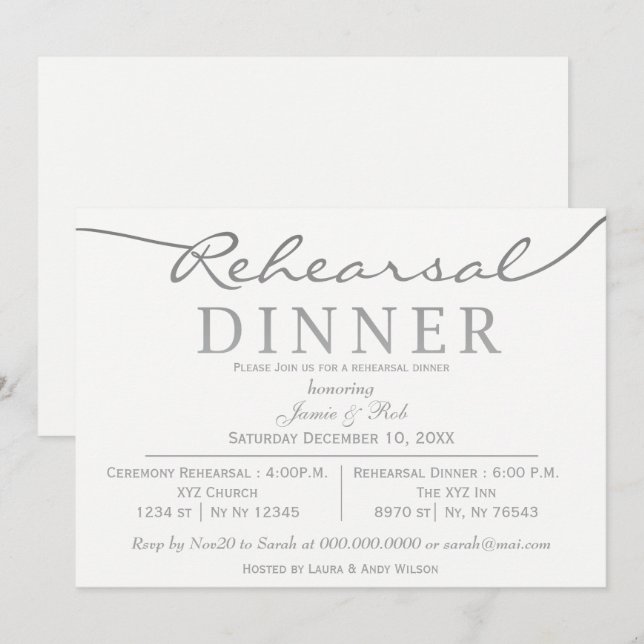 Invitation Dîner de répétition de script élégant blanc et arg (Devant / Derrière)