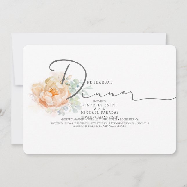 Invitation Dîner de répétition de script floral de pêche et d (Devant)