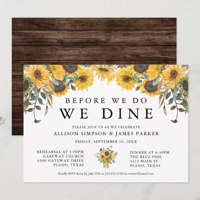 Invitation Dîner de répétition de tournesol de pays Invitatio (Devant / Derrière)