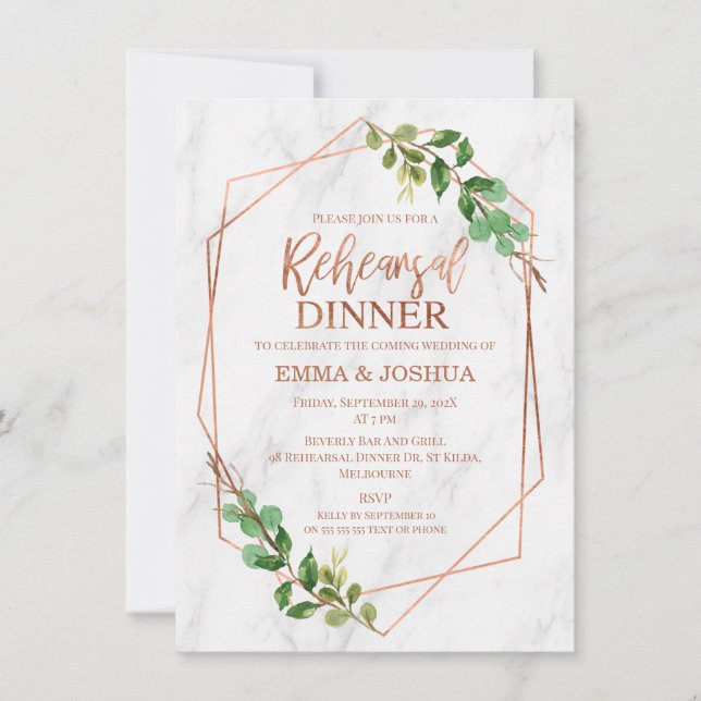 Invitation Dîner de répétition de verdure géométrique en or R (Devant)
