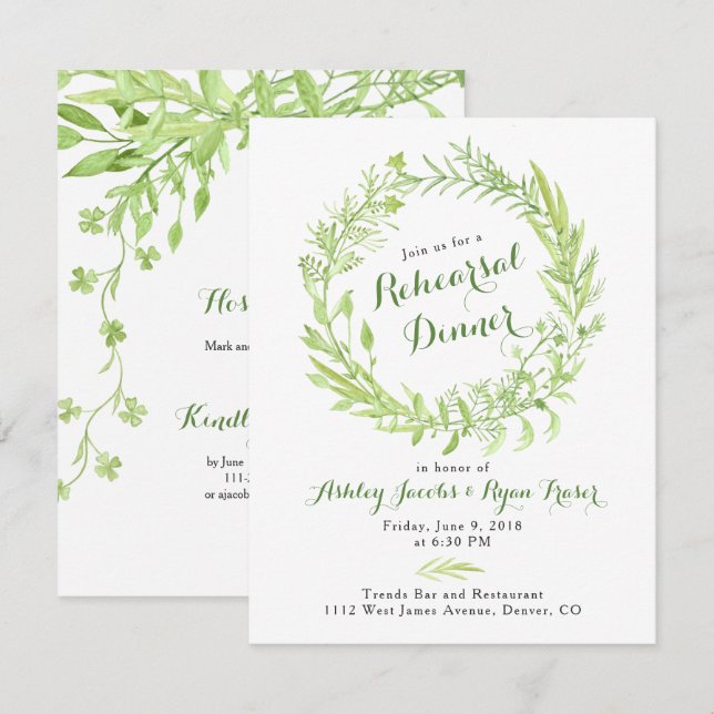 Invitation Dîner de répétition de verdure Watercolo Wreath (Devant / Derrière)
