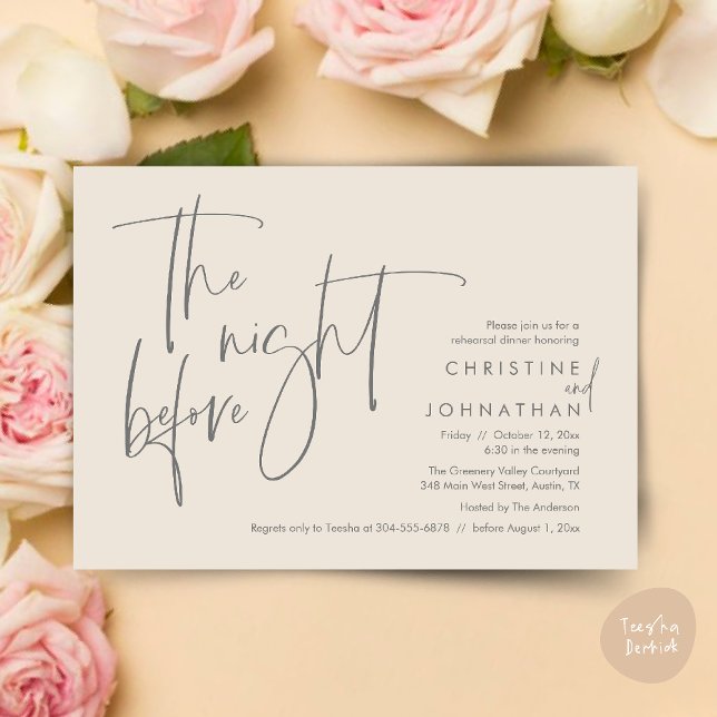 Invitation Dîner De Répétition décontracté, La Nuit Avant (The night before, Casual Modern Wedding Rehearsal Dinner Invitation Card PDF Cream Grey)