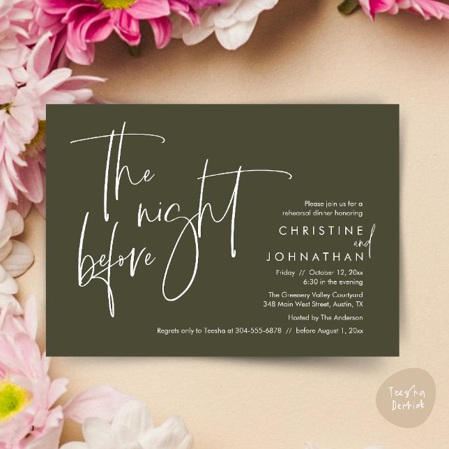 Invitation Dîner De Répétition décontracté, La Nuit Avant (The night before, Casual Modern Wedding Rehearsal Dinner Invitation Card PDF Olive Green)