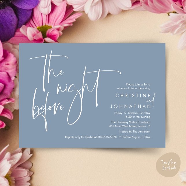 Invitation Dîner De Répétition décontracté, La Nuit Avant (The night before, Casual Modern Wedding Rehearsal Dinner Invitation Card PDF Dusty Blue)