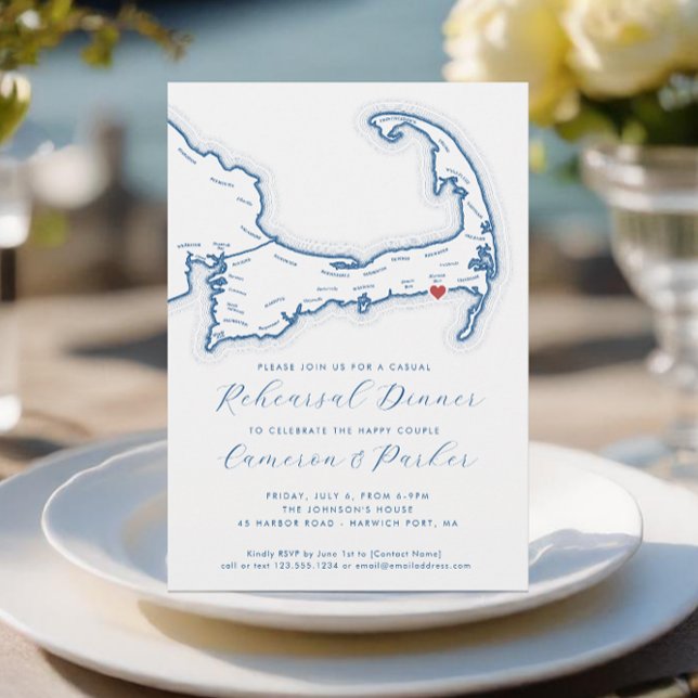 Invitation Dîner de répétition Décontracté Mariage Harwich Po (Harwich Port MA Casual Cape Cod Wedding Rehearsal Dinner Invitation in Blue - Coastal Map Designs)