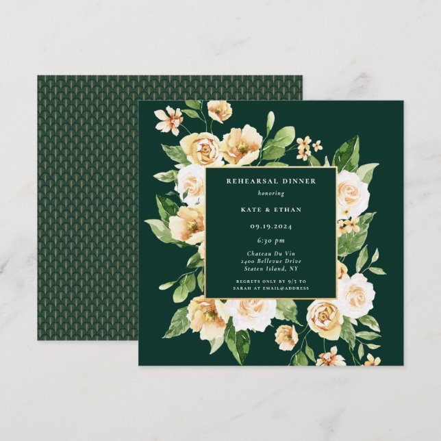 Invitation Dîner de répétition d'émeraude au cadre floral jau (Devant / Derrière)