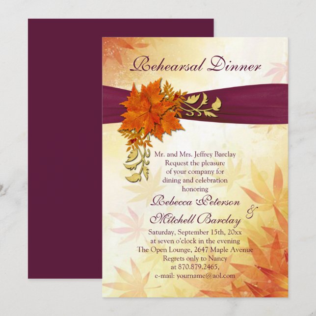 Invitation Dîner de répétition des feuilles d'Orange et d'or (Devant / Derrière)