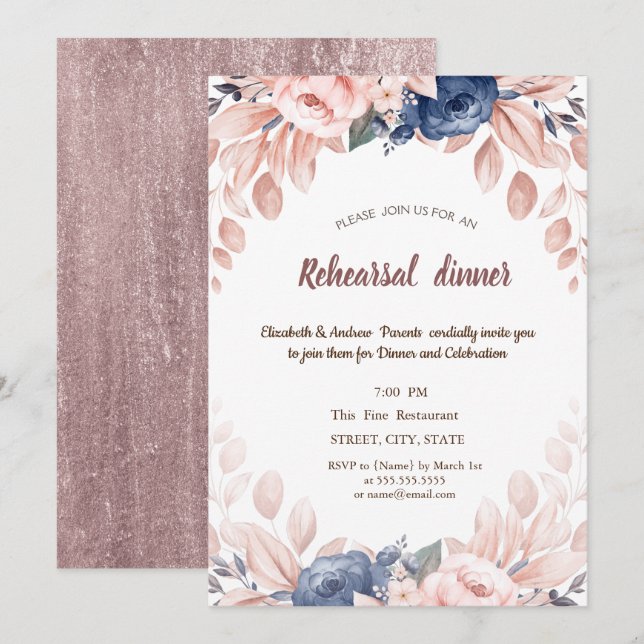 Invitation Dîner de répétition des fleurs bleues d'aquarelle (Devant / Derrière)