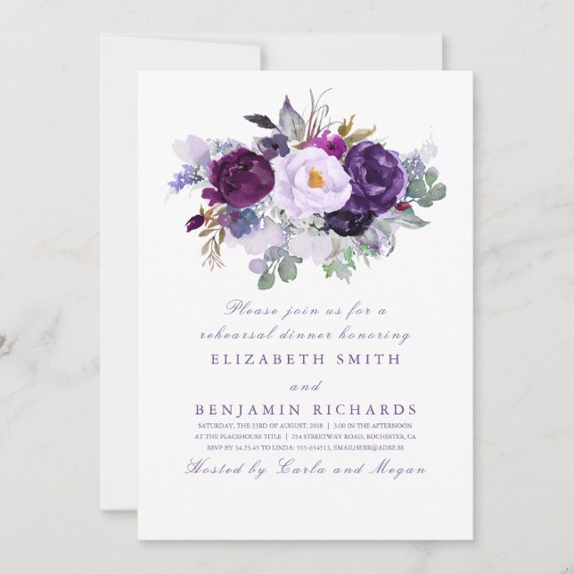 Invitation Dîner de répétition des fleurs d'aquarelle violett (Devant)