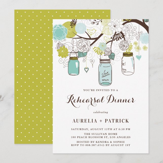 Invitation Dîner de répétition des jarres Mason bleu clair et (Devant / Derrière)