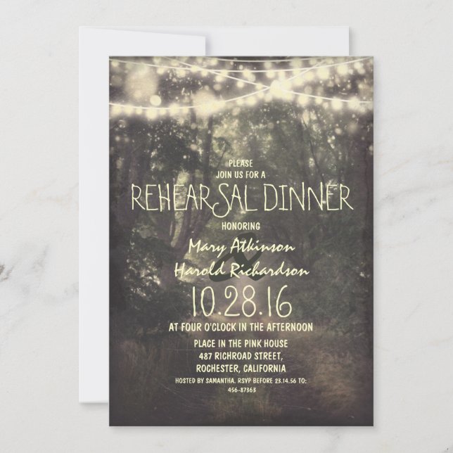 Invitation dîner de répétition des lumières à cordes rustique (Devant)