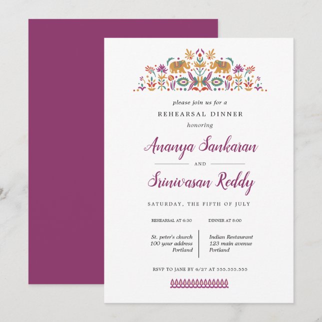 Invitation Dîner de répétition des mariages de fleurs indienn (Devant / Derrière)