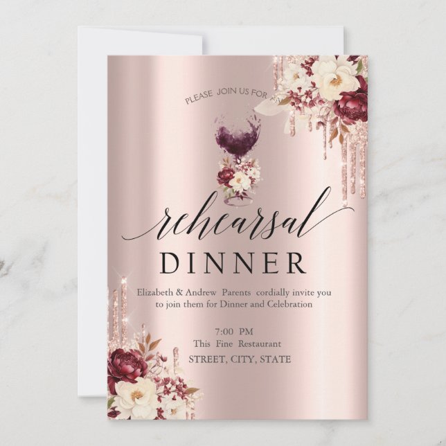 Invitation Dîner de répétition des Roses de verre de vin de p (Devant)