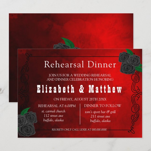 Invitation Dîner de répétition des Roses noirs et rouges du s (Devant / Derrière)