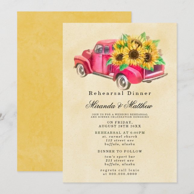 Invitation Dîner de répétition des tournesols de camion vinta (Devant / Derrière)