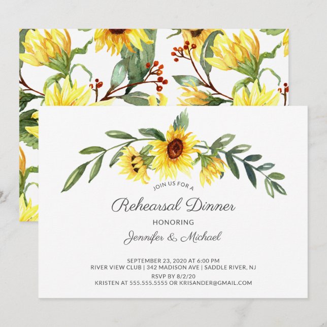 Invitation Dîner de répétition des tournesols jaunes modernes (Devant / Derrière)