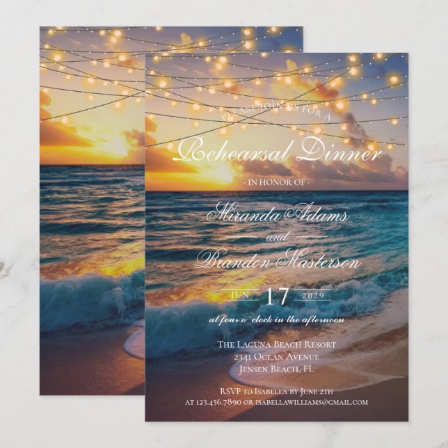 Invitation Dîner de répétition d'été sur l'élégante plage de  (Devant / Derrière)