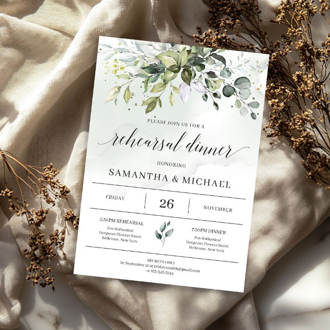 Invitation Dîner de répétition d'eucalyptus du feuillage boho (Greenery boho foliage eucalyptus rehearsal dinner invitation)