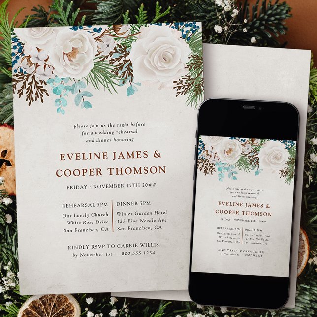 Invitation Dîner de répétition d'hiver Rose blanche (Christmas wedding invitation from my Winter White Roses collection)