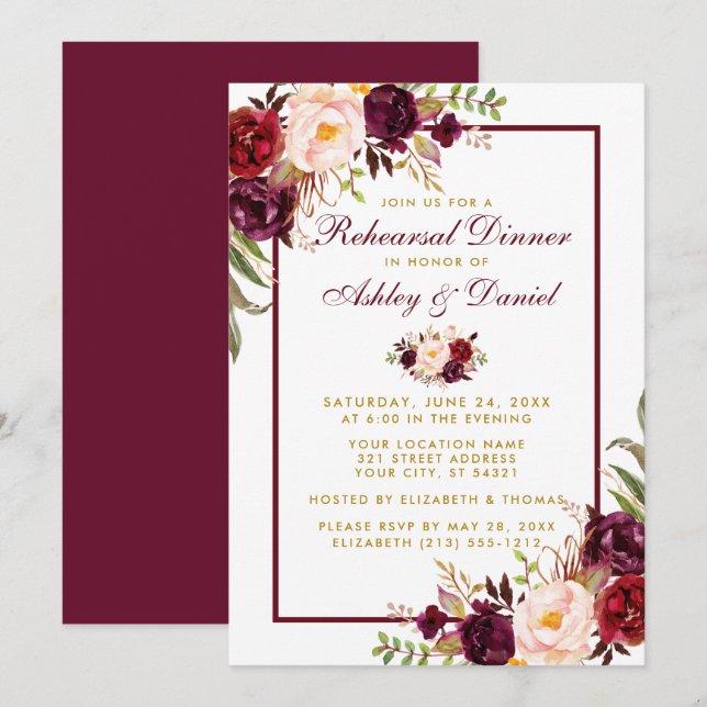 Invitation Dîner de répétition d'or Floral à l'aquarelle de B (Devant / Derrière)