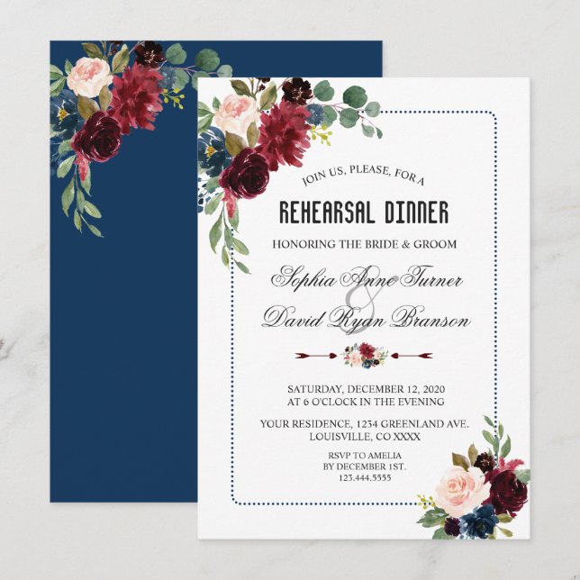 Invitation Dîner de répétition du cadre floral bleu de la mar (Devant / Derrière)