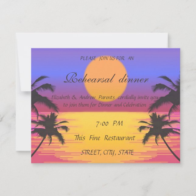 Invitation Dîner de répétition du coucher du soleil de plage (Devant)