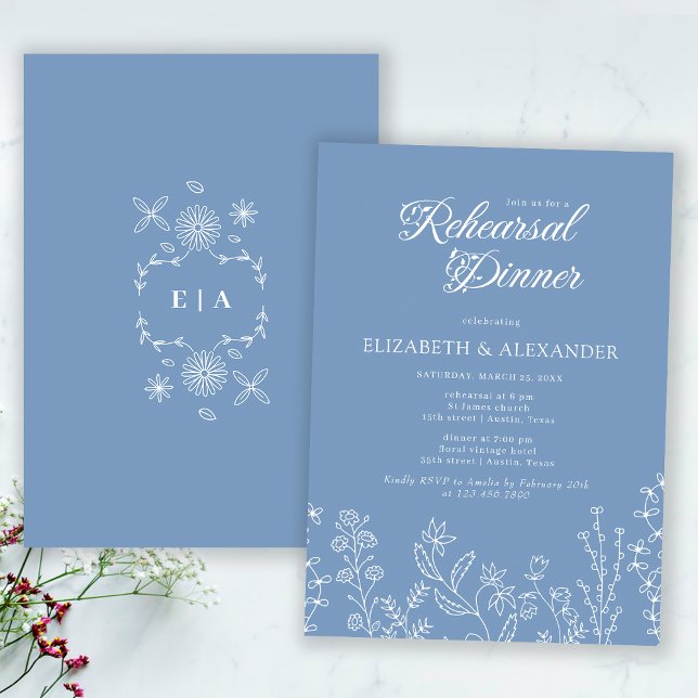 Invitation Dîner de répétition du Fleur sauvage Monogramme (Front and Back)