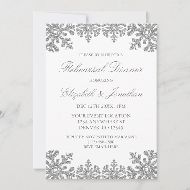 Invitation Dîner de répétition du flocon de neige d'hiver Sil (Devant)