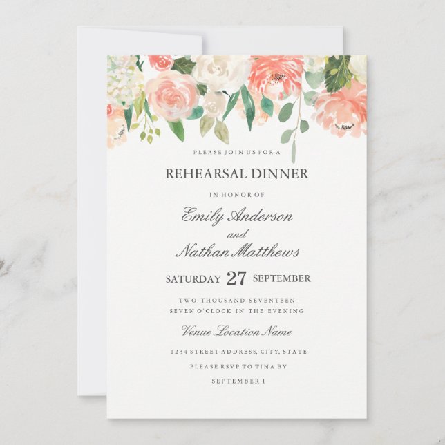 Invitation Dîner de répétition du Mariage à l'aquarelle flora (Devant)