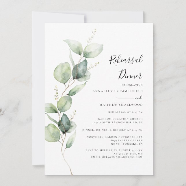 Invitation Dîner de répétition du Mariage botanique Eucalyptu (Devant)