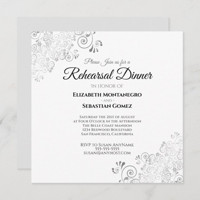 Invitation Dîner de répétition du Mariage Carré Silver Filigr (Devant / Derrière)