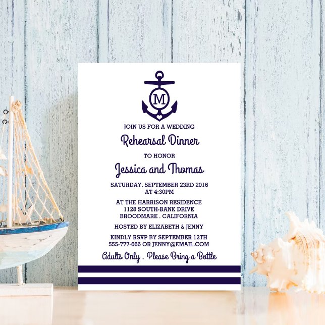 Invitation Dîner de répétition du Mariage d'Ancre du monogram (Créateur téléchargé)