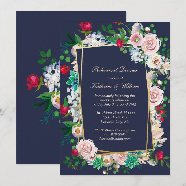 Invitation Dîner de répétition du Mariage de cadre bleu et fl (Devant / Derrière)