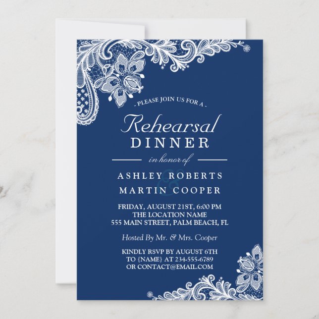 Invitation Dîner de répétition du Mariage de dentelle bleue d (Devant)