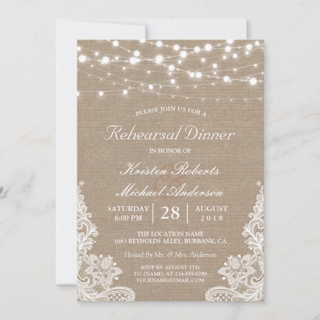 Invitation Dîner de répétition du Mariage de dentelle rustiqu (Devant)