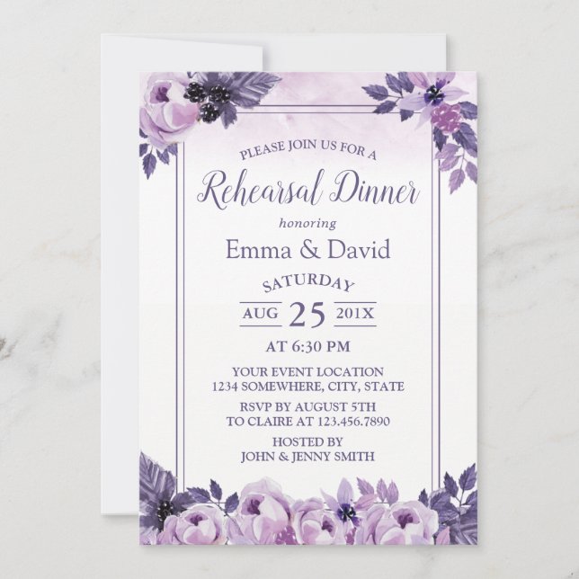 Invitation Dîner de répétition du Mariage de fleurs mauve (Devant)