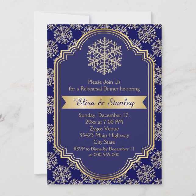 Invitation Dîner de répétition du mariage de flocon d'or bleu (Devant)
